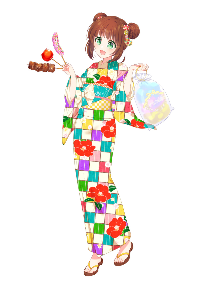 1girl, :d, banana, bow, brown_hair, candy_apple, cotton_candy, dairoku_ryouhei, double_bun, floral_print, food, fruit, full_body, green_eyes, hair_bun, hair_ornament, highres, holding, holding_skewer, japanese_clothes, kazesuzu_(tw), kimono, obi, sandals, sash, shermie_luo, short_hair, skewer, smile, solo, transparent_background, white_bow, yukata