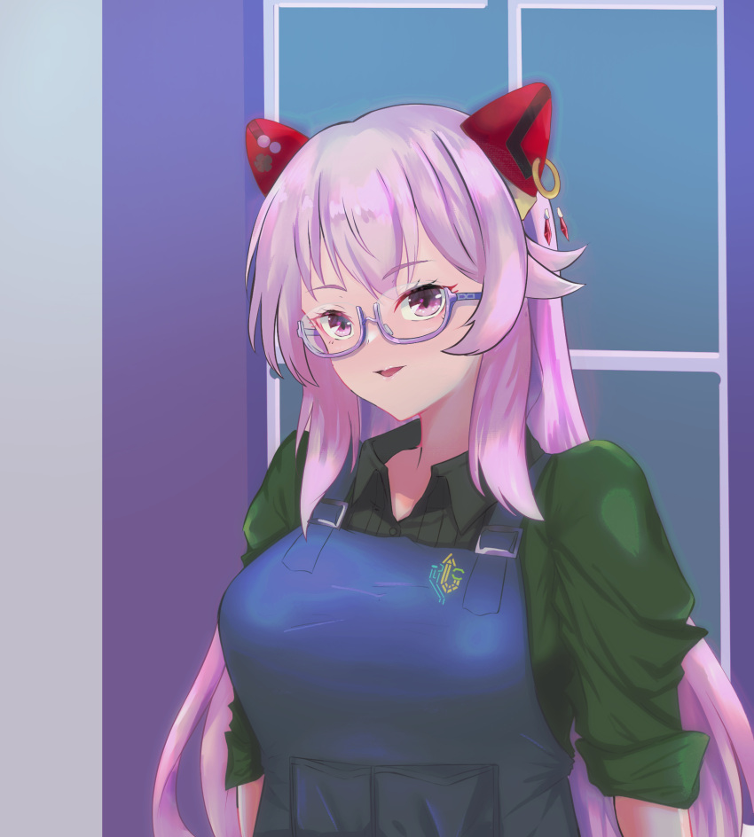 1girl, apron, arms_at_sides, assault_lily, bespectacled, blue_apron, breasts, buttons