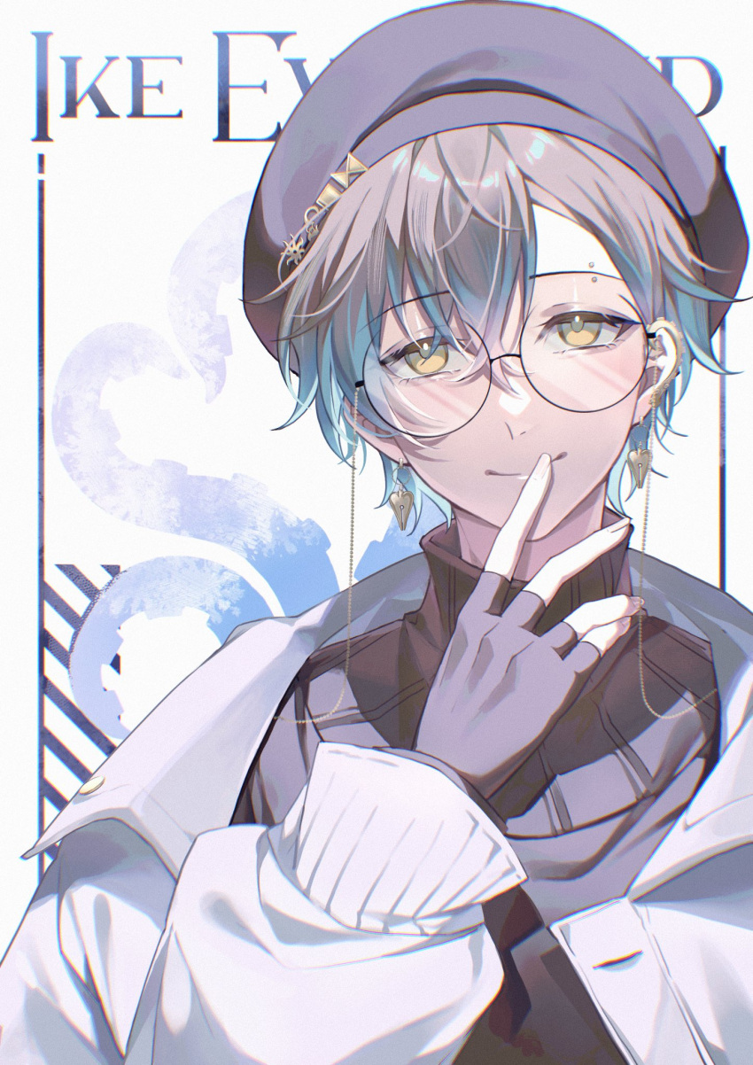 1boy, beret, black_gloves, black_headwear, black_sweater, blue_hair, brown_hair, character_name