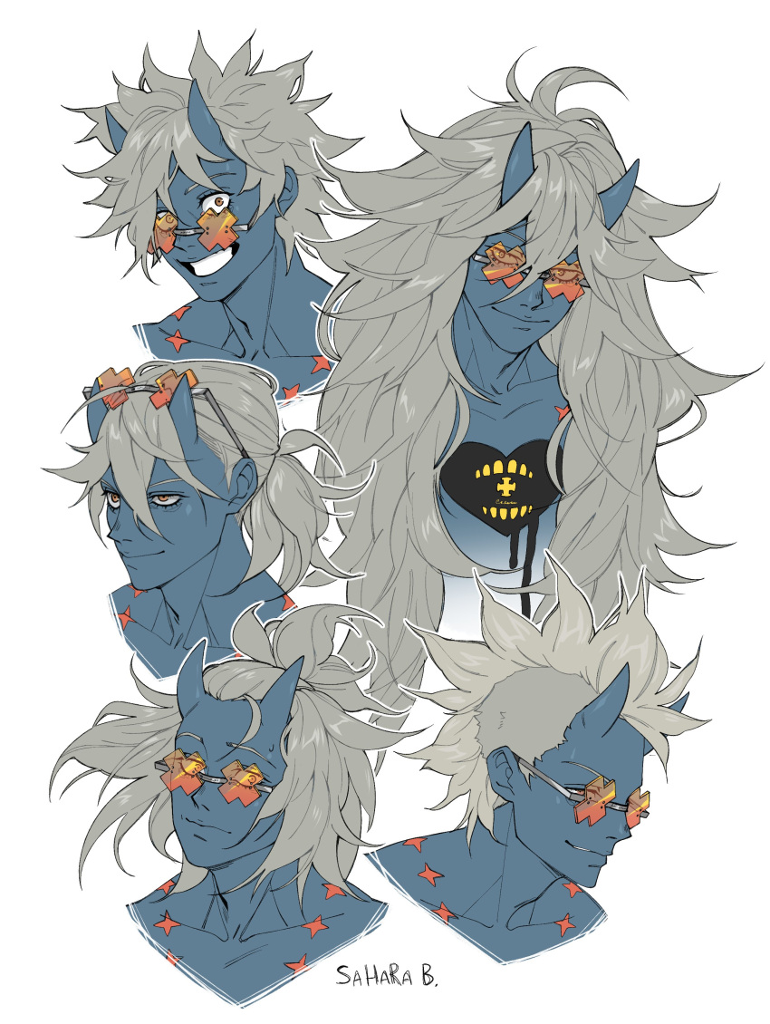 1boy, absurdres, alternate_hair_length, alternate_hairstyle, blue_horns, blue_skin, chest_tattoo, colored_skin