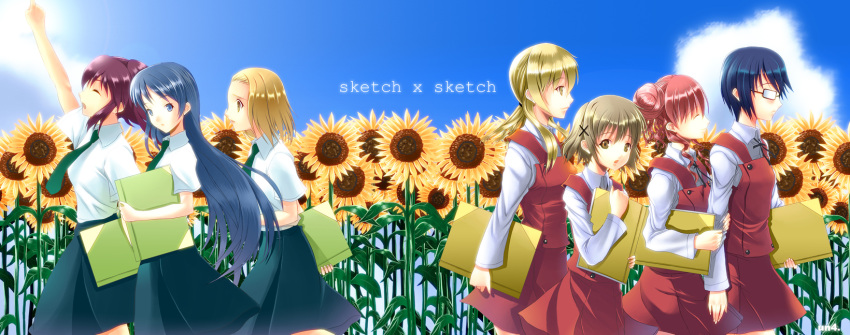 back-to-back, crossover, flower, hidamari_sketch, highres, hiro, kajiwara_sora, miyako, necktie, sae, school_uniform, sketchbook, sketchbook_full_colors, sunflower, text, torikai_hazuki, un4lord, yuno