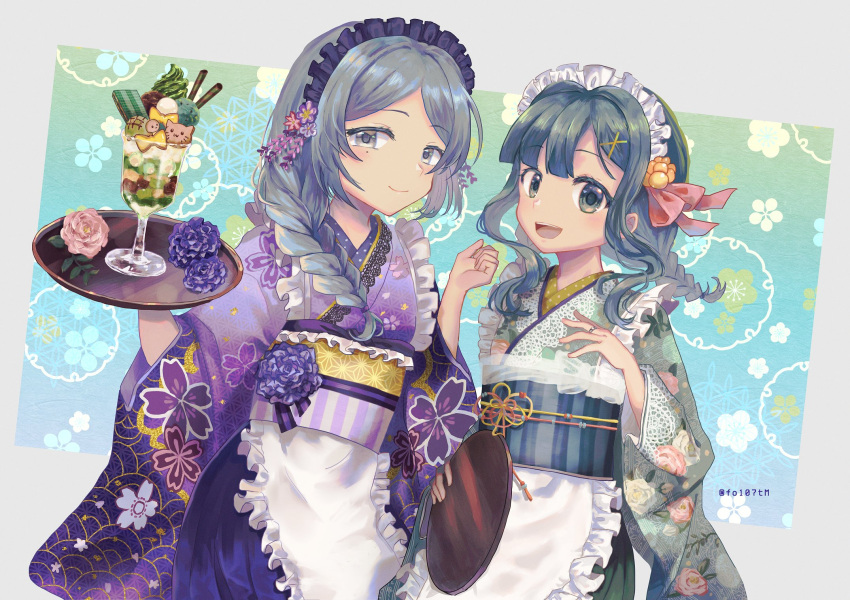 2girls, :d, adapted_costume, apron, aqua_kimono, beads, blue_background, blue_eyes