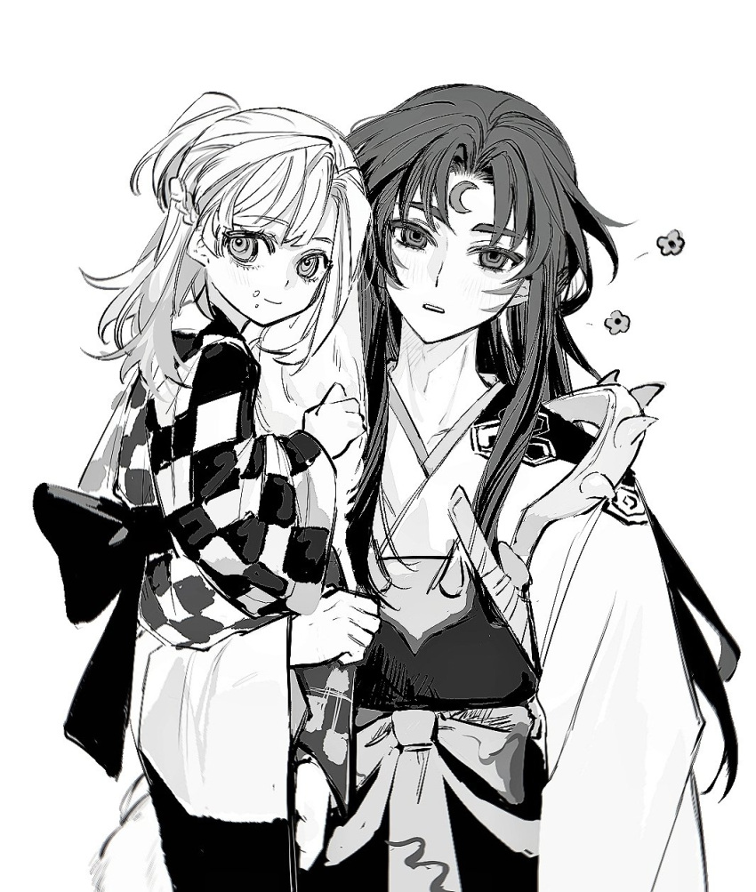 1boy, 1girl, aged_down, braid, carrying, checkered_clothes, checkered_kimono, chidouin_sara