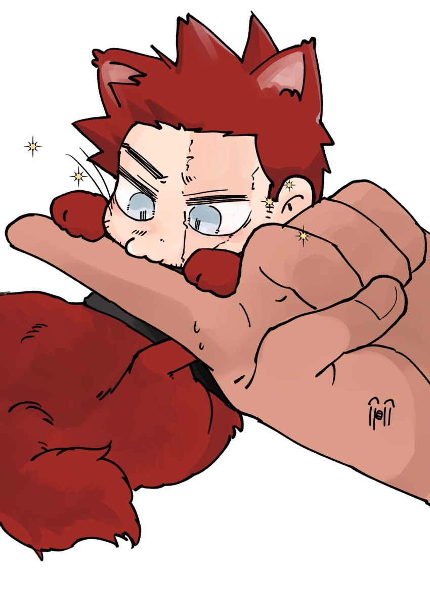 1boy, animal_ears, blue_eyes, boku_no_hero_academia, cat_boy, cat_ears, cat_tail, chibi, dokonodoitsuya, endeavor_(boku_no_hero_academia), facial_hair, highres, kemonomimi_mode, kiss, kissing_hand, male_focus, red_fur, scar, scar_across_eye, sideburns, sideburns_stubble, solo_focus, spiky_hair, stubble, tail, whiskers