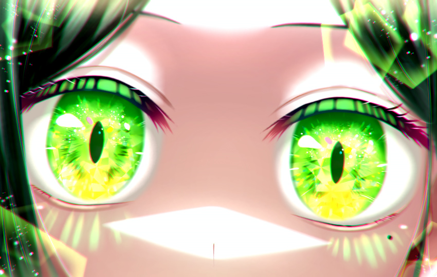 1girl, cherrycat, chromatic_aberration, close-up, commentary_request, eye_focus, eyelashes, green_eyes