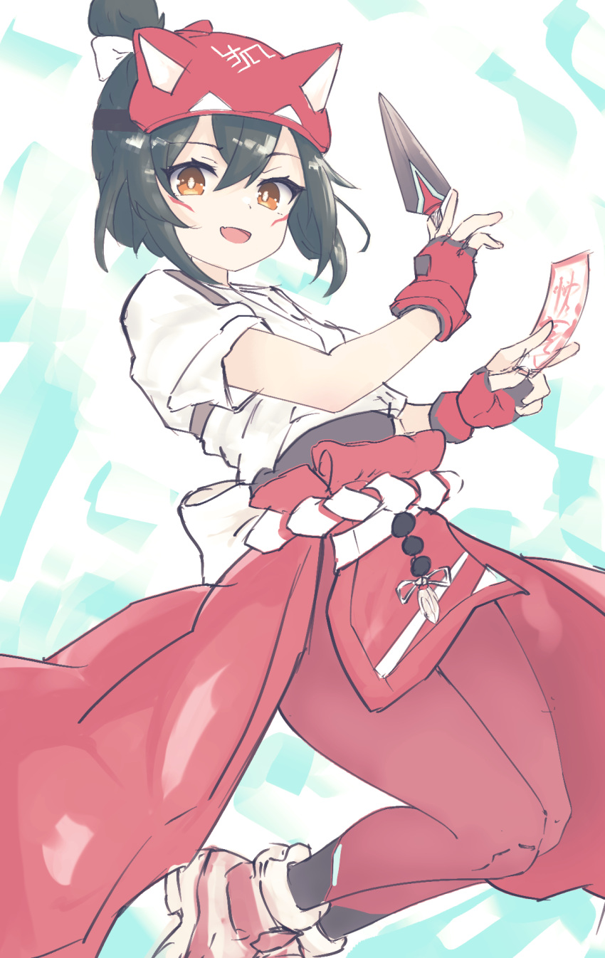 1girl, black_hair, bright_pupils, commentary, facial_mark, fingerless_gloves, fox_mask, gloves