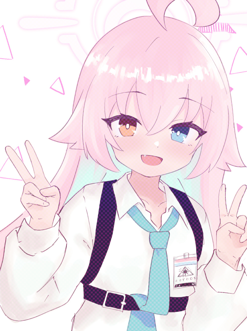 1girl, ahoge, aqua_necktie, blue_archive, blue_eyes, bright_pupils, brown_eyes, collared_shirt
