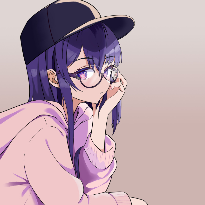 1girl, absurdres, baseball_cap, bespectacled, blue_headwear, blush, brown_background, chinese_commentary, commentary_request, glasses, gradient_background, hair_between_eyes, hat, head_rest, highres, hood, hoodie, hoshino_ai_(oshi_no_ko), long_hair, long_sleeves, looking_at_viewer, mikanpop, oshi_no_ko, pink_hoodie, purple_hair, semi-rimless_eyewear, shadow, sidelocks, simple_background, solo, star-shaped_pupils, star_(symbol), symbol-shaped_pupils, under-rim_eyewear, upper_body, violet_eyes