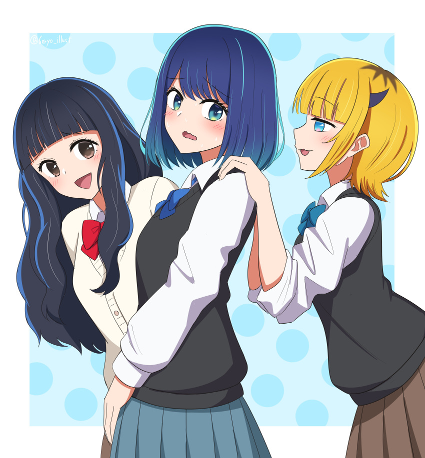 :3, :d, absurdres, artist_name, black_hair, black_sweater_vest, blonde_hair, blue_background