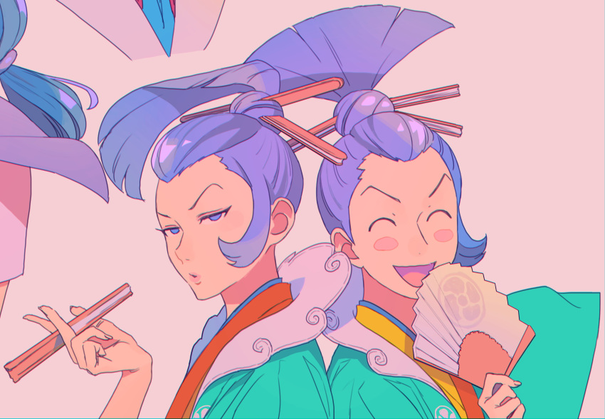2boys, :d, absurdres, ace_attorney, blue_eyes, blue_jacket, blunt_ends, blush_stickers