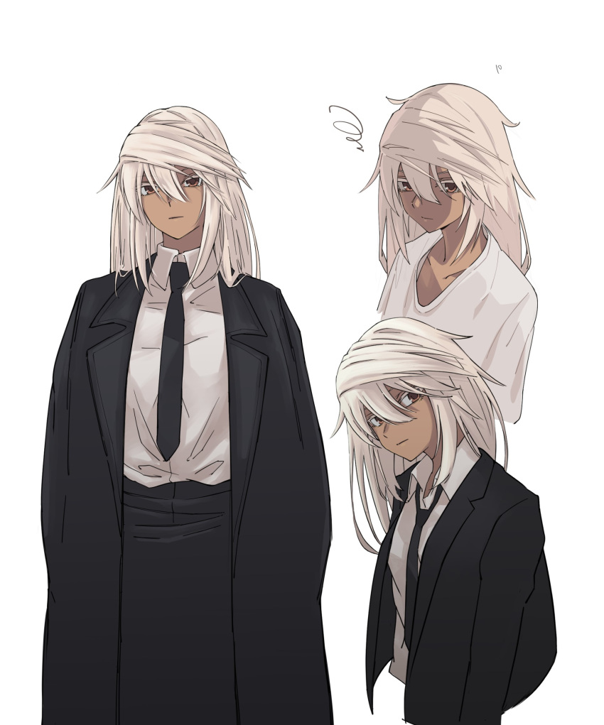 1girl, alternate_costume, black_jacket, black_necktie, black_skirt, collared_shirt, colored_eyelashes, dark-skinned_female, dark_skin, execneet, guilty_gear, guilty_gear_strive, highres, jacket, long_hair, long_skirt, long_sleeves, looking_at_viewer, necktie, orange_eyes, ramlethal_valentine, shirt, simple_background, skirt, t-shirt, white_hair, white_shirt