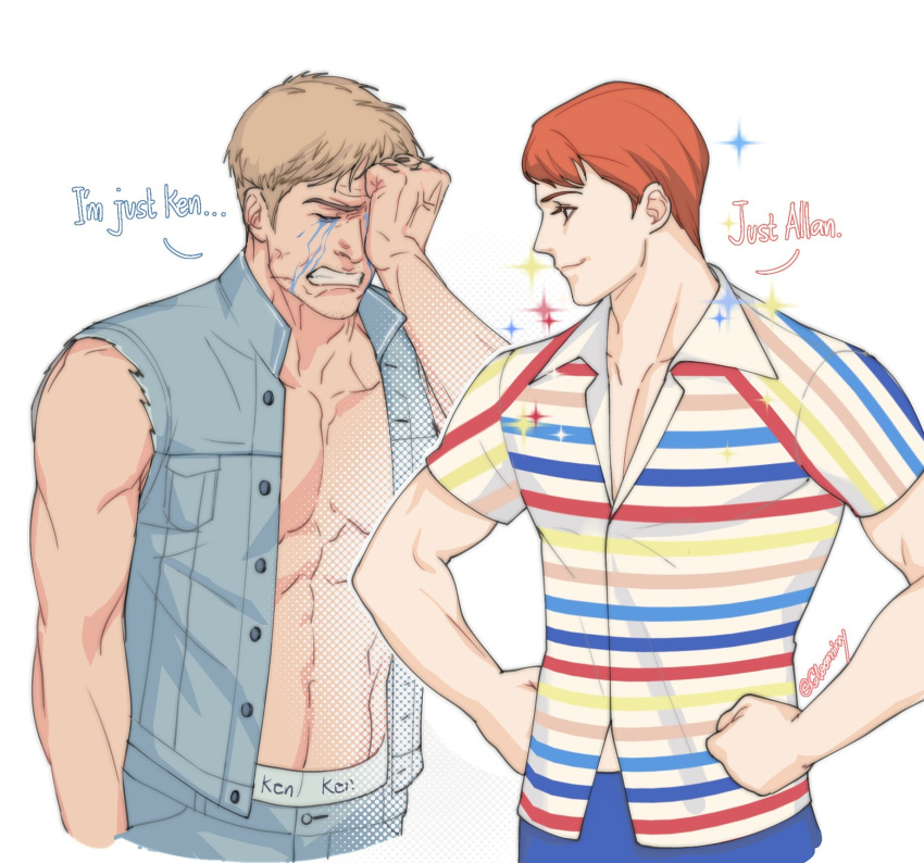 2boys, allan_(barbie), barbie_(franchise), barbie_(live_action), blonde_hair, closed_eyes, crying, denim_vest