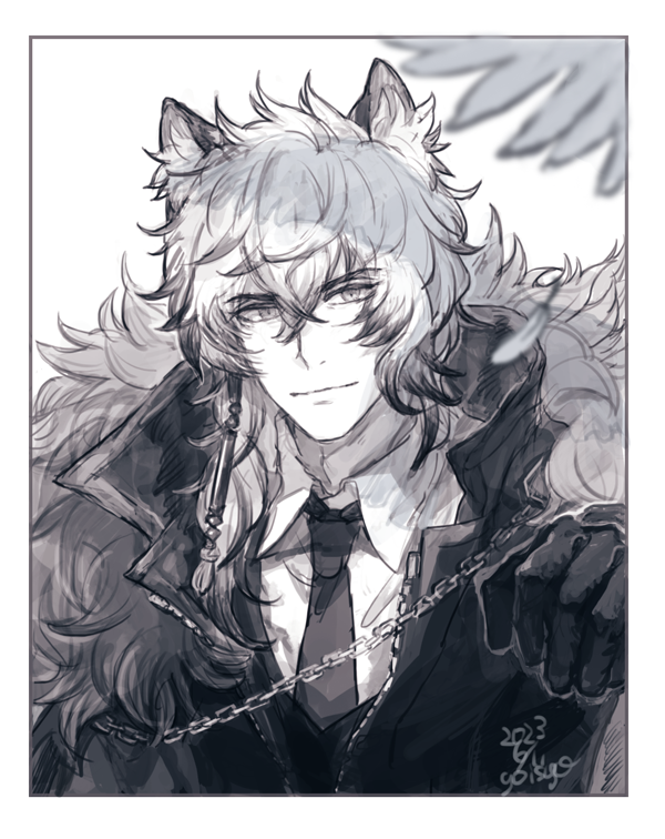 1boy, animal_ear_fluff, animal_ears, arknights, arm_up, bird, black_coat, black_gloves
