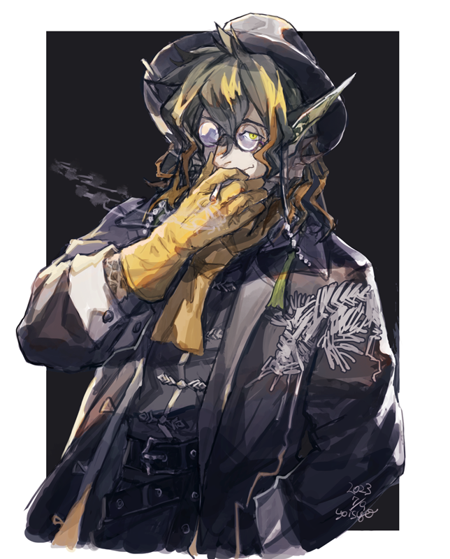1boy, arknights, arm_up, black_background, black_coat, black_hair, black_headwear, black_shirt