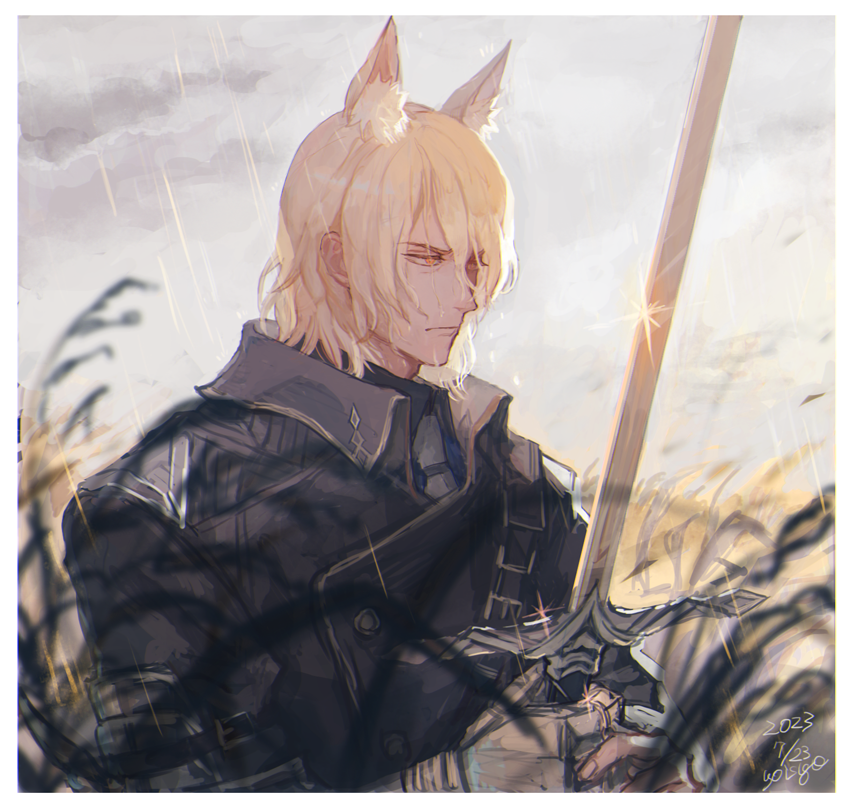 1boy, animal_ear_fluff, animal_ears, arknights, black_coat, blonde_hair, blurry, blurry_foreground