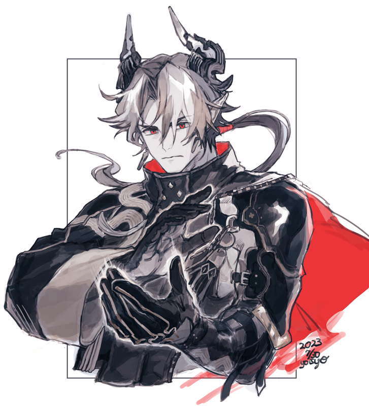 1boy, arknights, black_hair, black_shirt, black_skin, border, cape, chong_yue_(arknights)