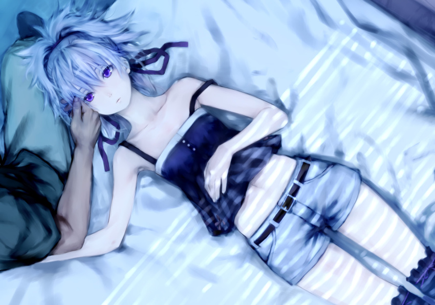 1girl, bare_shoulders, belt, blue, bunnymenjdno, caress, couple, darker_than_black, denim, denim_shorts, face, from_above, hair_ribbon, hei, highres, kneehighs, long_hair, lying, midriff, navel, on_back, ponytail, purple_eyes, ribbon, rokkaku_(ajisaidenden), shorts, silver_hair, sitting, socks, strap_slip, tank_top, violet_eyes, yin