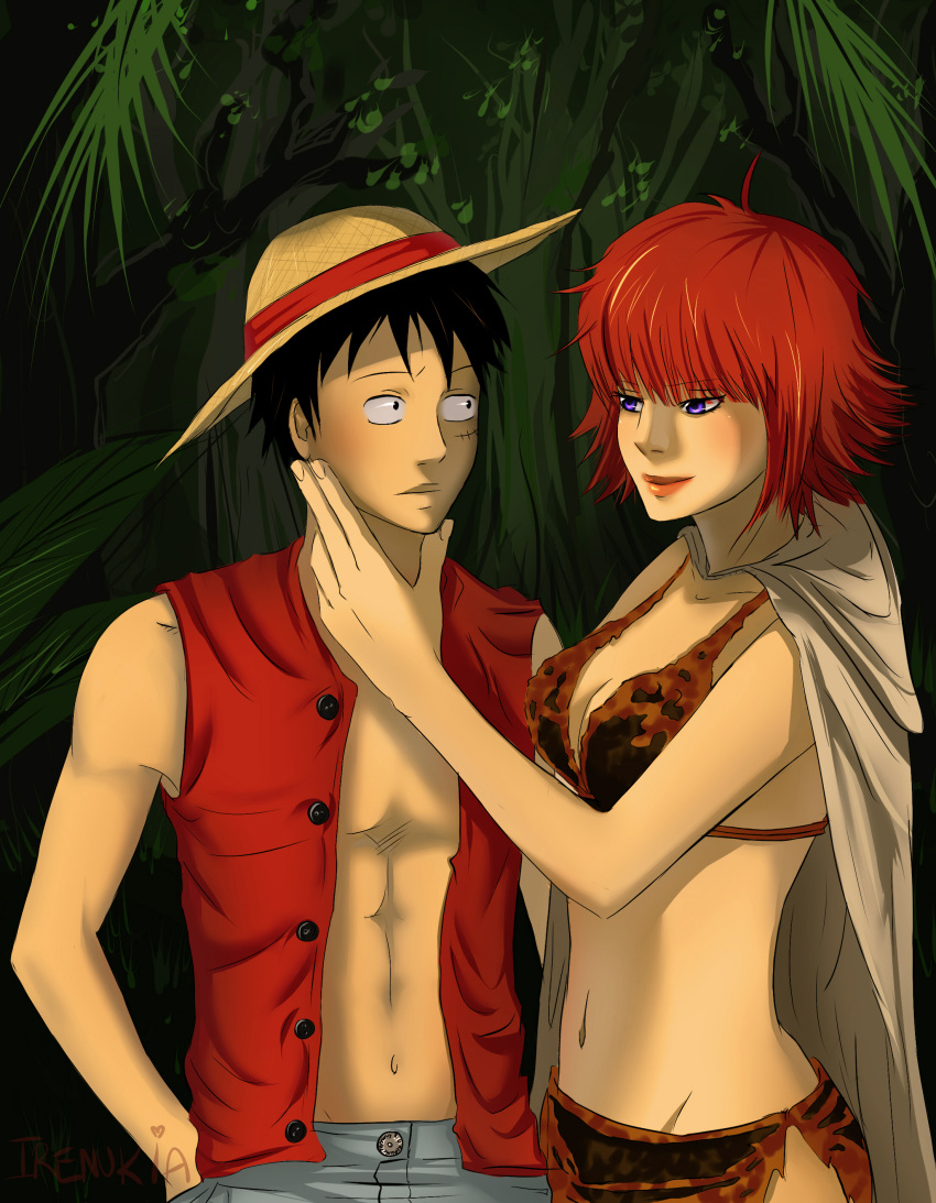 1boy, 1girl, absurdres, amazon_warrior, artist_name, bikini, bikini_top_only, black_hair, blunt_bangs, blush, cape, hand_on_another's_chin, hat, highres, irenukia, lipstick, looking_at_another, makeup, marguerite_(one_piece), monkey_d._luffy, one_piece, open_clothes, red_lips, red_shirt, redhead, scar, scar_on_cheek, scar_on_face, shirt, short_hair, smile, straw_hat, swimsuit, violet_eyes, white_cape