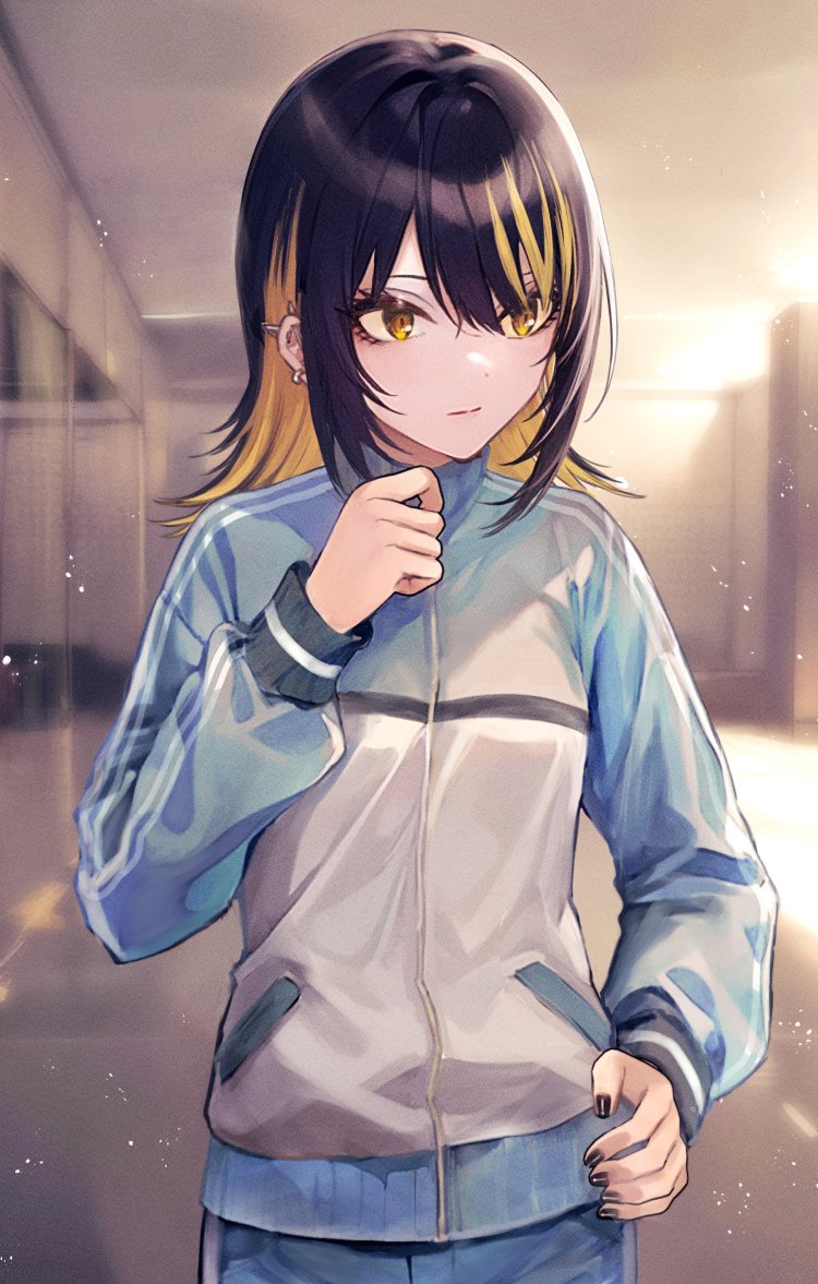 1girl, alternate_costume, black_hair, black_nails, blonde_hair, blue_jacket, blue_shorts, blurry