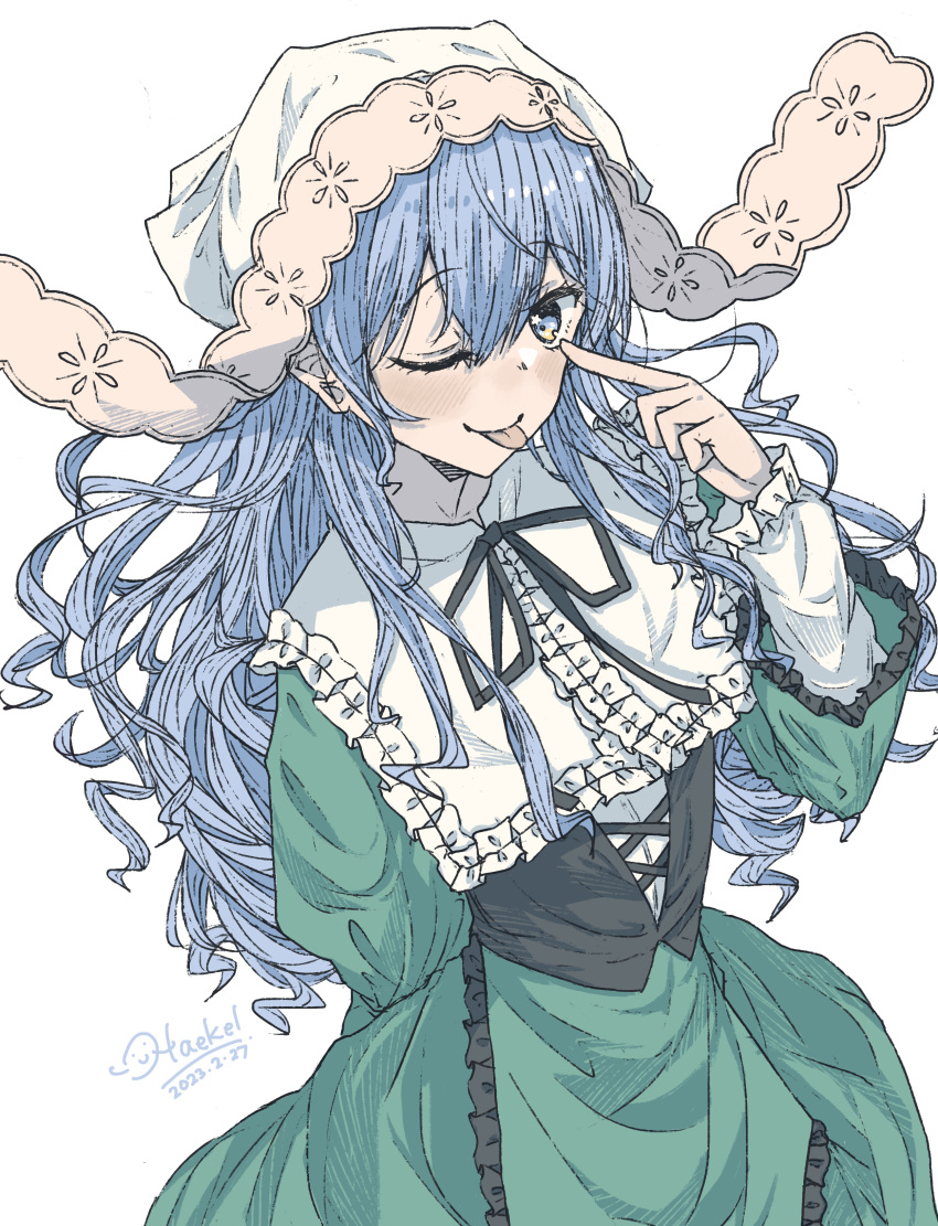 1girl, :p, absurdres, arm_behind_back, black_corset, black_ribbon, blue_eyes, blue_hair