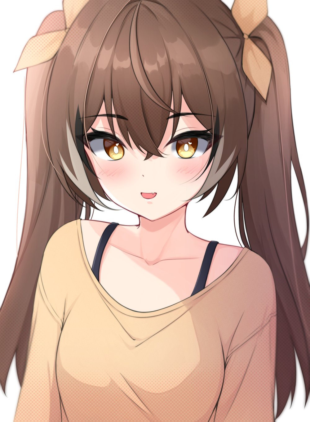 1girl, ahoge, alternate_costume, brown_eyes, brown_hair, crossed_bangs, fang, hair_ribbon