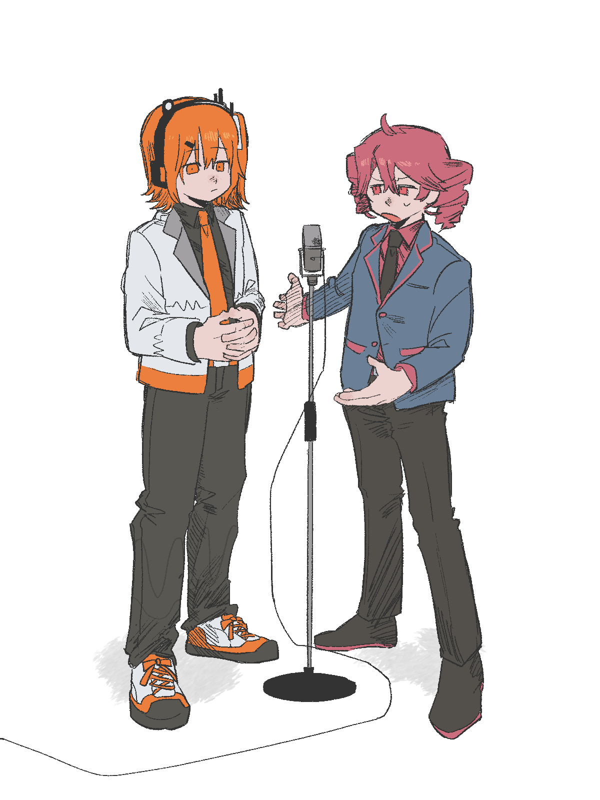 2girls, :/, a.i._voice, adachi_rei, adapted_costume, ahoge, atsuko_(222atuko), black_footwear