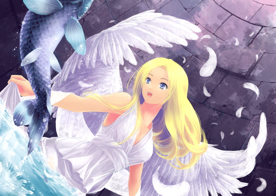 blue_eyes, dress, ehekatl_of_luck, elona, fish, hayah_(pixiv), solo, wings