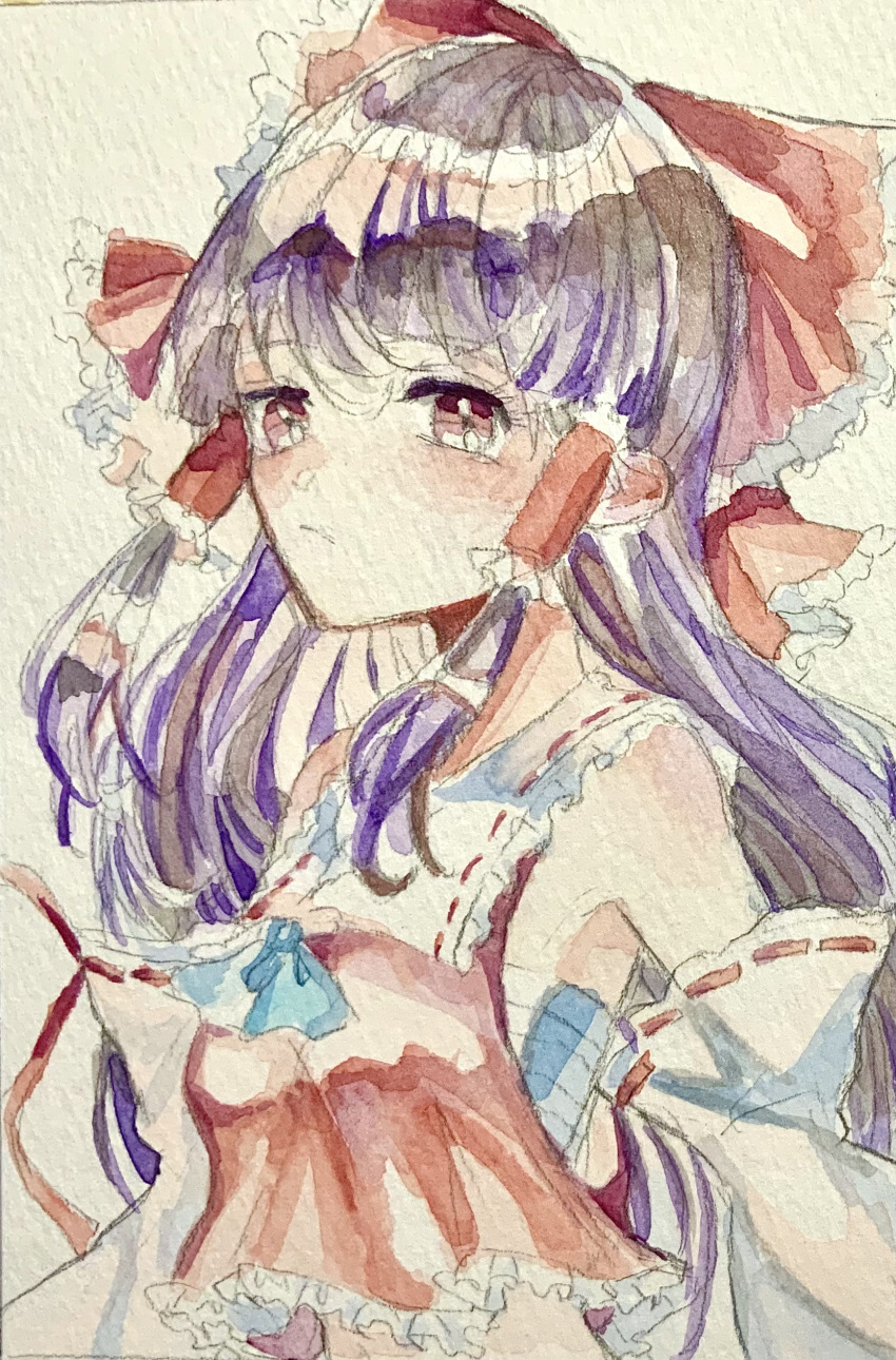 1girl, :/, absurdres, ascot, black_hair, blue_ascot, bow, closed_mouth