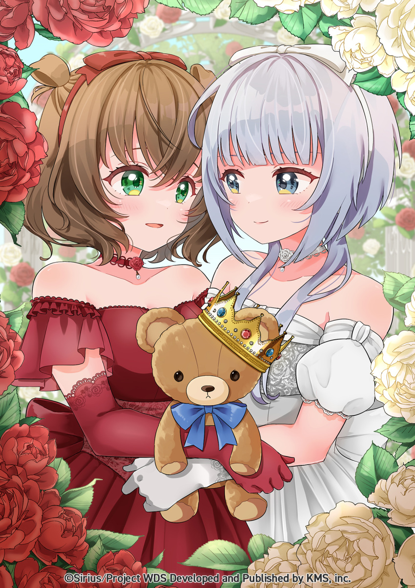 2girls, blue_eyes, brown_hair, crown, dress, elbow_gloves, flower, gloves
