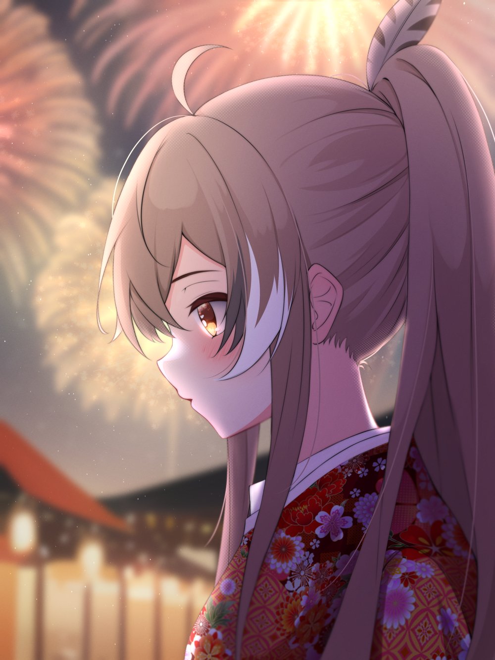 1girl, ahoge, architecture, blurry, blurry_background, blush, brown_eyes, brown_hair