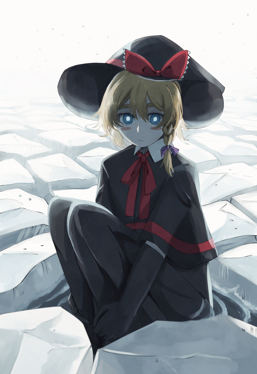 1girl, absurdres, black_capelet, black_gloves, black_headwear, blonde_hair, blue_eyes, blush