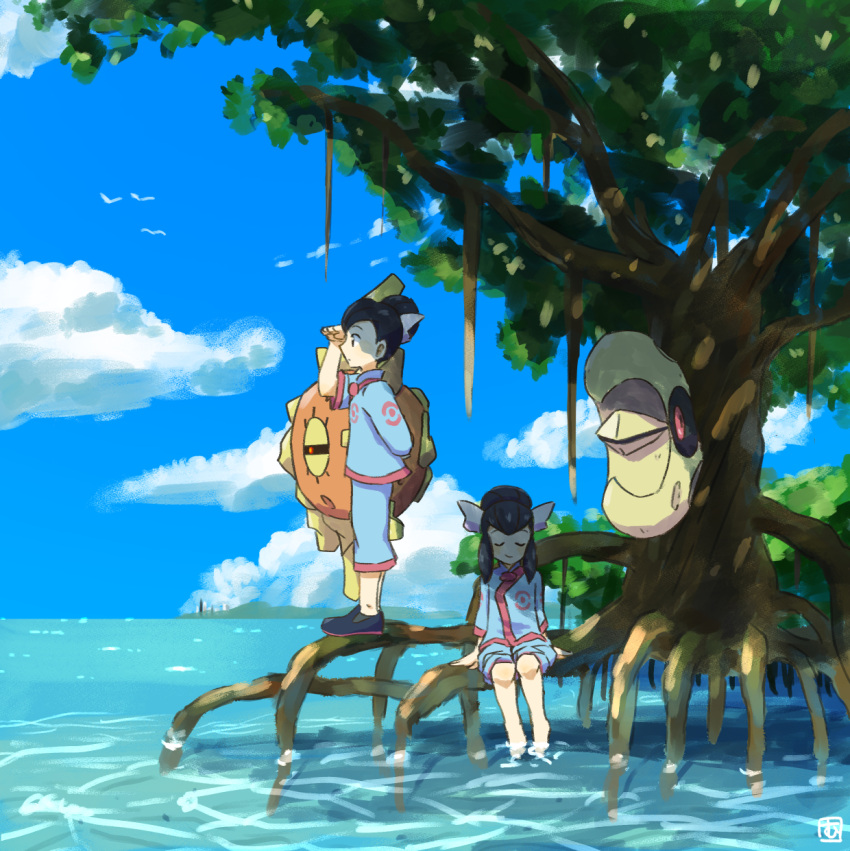 1boy, 1girl, black_footwear, black_hair, brother_and_sister, capri_pants, closed_eyes, closed_mouth, clouds, commentary_request, day, hair_bun, hair_ribbon, highres, jacket, liza_(pokemon), lunatone, mutou610, outdoors, pants, pokemon, pokemon_(creature), pokemon_(game), pokemon_rse, ribbon, shoes, siblings, sitting, sky, soaking_feet, solrock, tate_(pokemon), tree, water