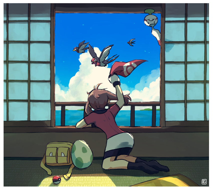 1girl, arm_up, bike_shorts_under_skirt, black_socks, border, brown_hair, chimecho, clouds