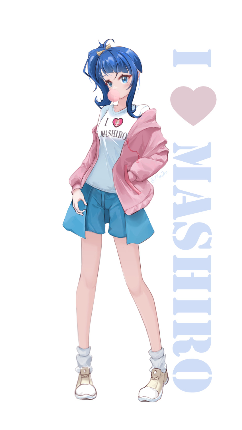 1girl, absurdres, ayesha618, blue_eyes, blue_hair, blue_shorts, bubble_blowing, chewing_gum