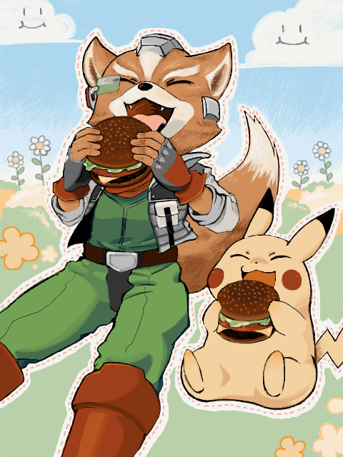 1boy, 1other, boots, closed_eyes, clouds, creatures_(company), eating, fingerless_gloves