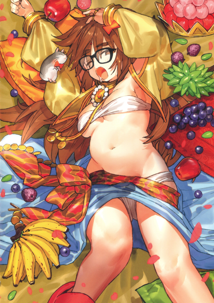 1girl, absurdres, apple, armpits, banana, breasts, brown_eyes, brown_hair, fat, fate/extra, fate/extra_ccc, fate/grand_order, fate_(series), food, fruit, ganesha_(fate), glasses, grapes, hair_ribbon, highres, indian_clothes, jinako_carigiri, large_breasts, long_hair, looking_at_viewer, messy_hair, mouse, navel, official_art, open_mouth, ribbon, wada_arco