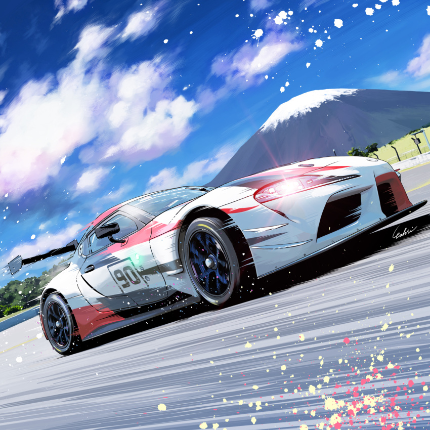 car, clouds, fuji_speedway, glint, highres, motion_blur, motor_vehicle, mount_fuji