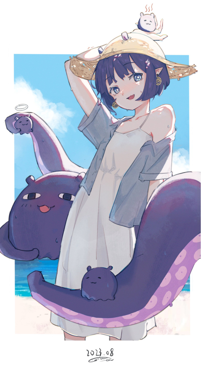 1girl, absurdres, alternate_costume, bare_shoulders, beach, blue_eyes, blue_sky, clouds