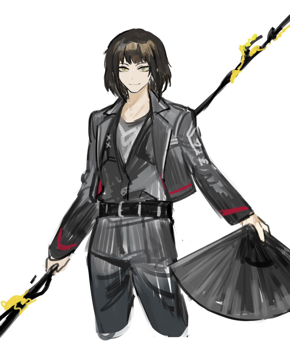 1girl, alternate_universe, belt, black_belt, black_jacket, black_pants, black_shirt, black_vest, branch, brown_eyes, brown_hair, closed_mouth, cowboy_shot, dongbaek_(limbus_company), hand_fan, highres, holding, holding_fan, holding_polearm, holding_weapon, jacket, limbus_company, long_sleeves, looking_at_viewer, nishikujic, pants, polearm, project_moon, shirt, short_hair, simple_background, smile, solo, vest, weapon, white_background, wing_collar, yellow_footwear