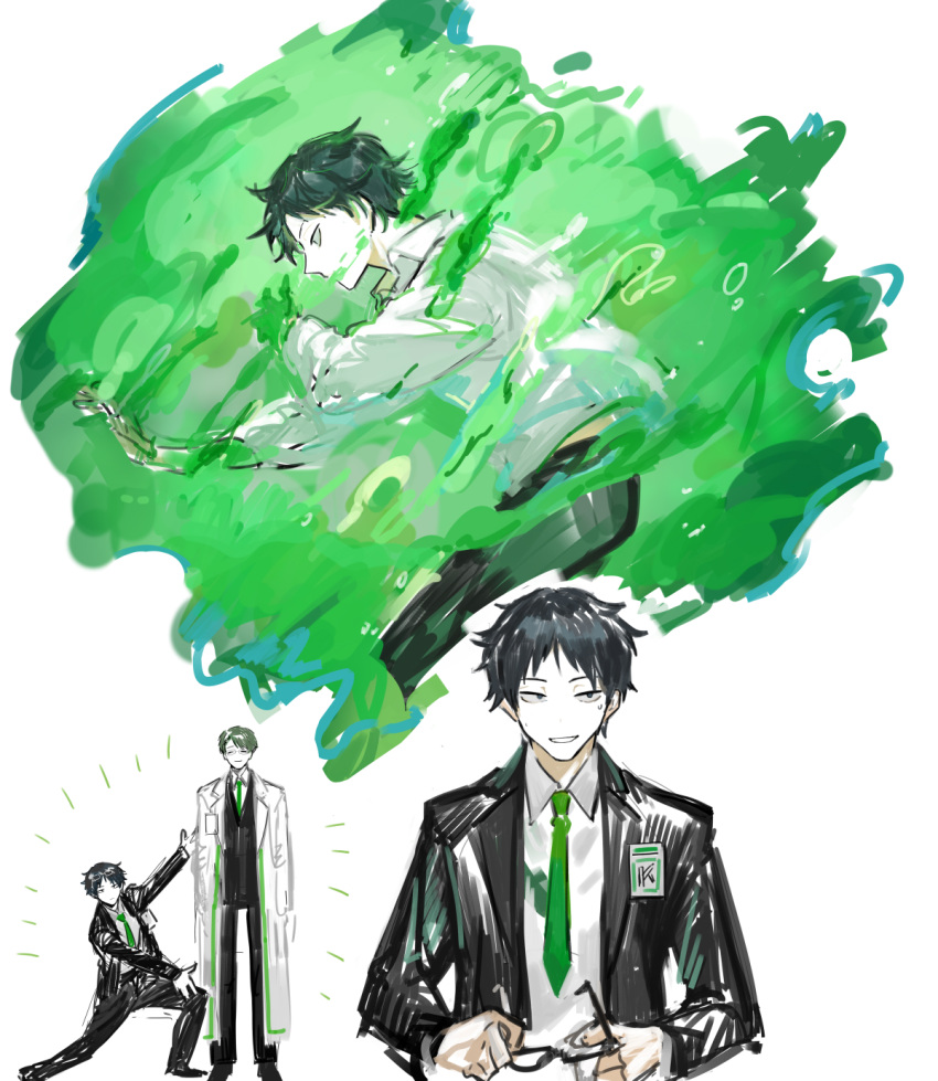2boys, black_eyes, black_hair, black_pants, cleaning_glasses, collared_shirt, dissolving, dongrang_(limbus_company)