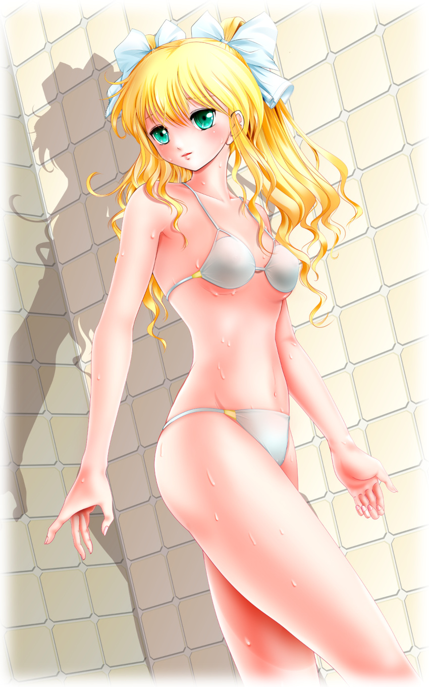blonde_hair, dutch_angle, green_eyes, highres, honey_coming, honeycoming_royalsweet, miharin, solo