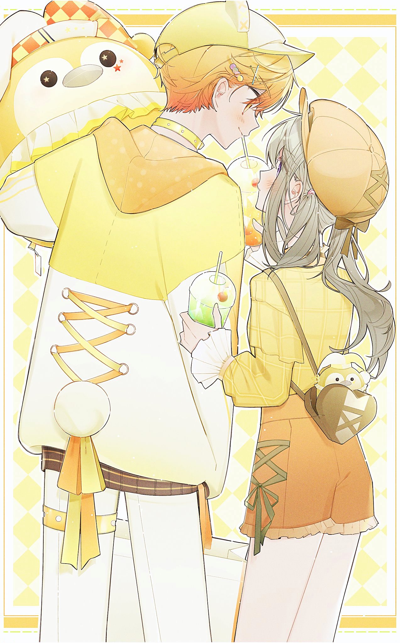 1boy, 1girl, baseball_cap, brown_bag, cabbie_hat, choker, commentary, cross-laced_clothes, cup, disposable_cup, frilled_sleeves, frills, green_hair, hat, hetero, highres, holding, holding_cup, holding_stuffed_toy, jacket, kusanagi_nene, long_hair, long_sleeves, looking_at_viewer, orange_shorts, pants, phenny_(project_sekai), project_sekai, shirt, shorts, sidelocks, stuffed_toy, t_nvv, tenma_tsukasa, twintails, white_pants, yellow_choker, yellow_headwear, yellow_jacket, yellow_shirt