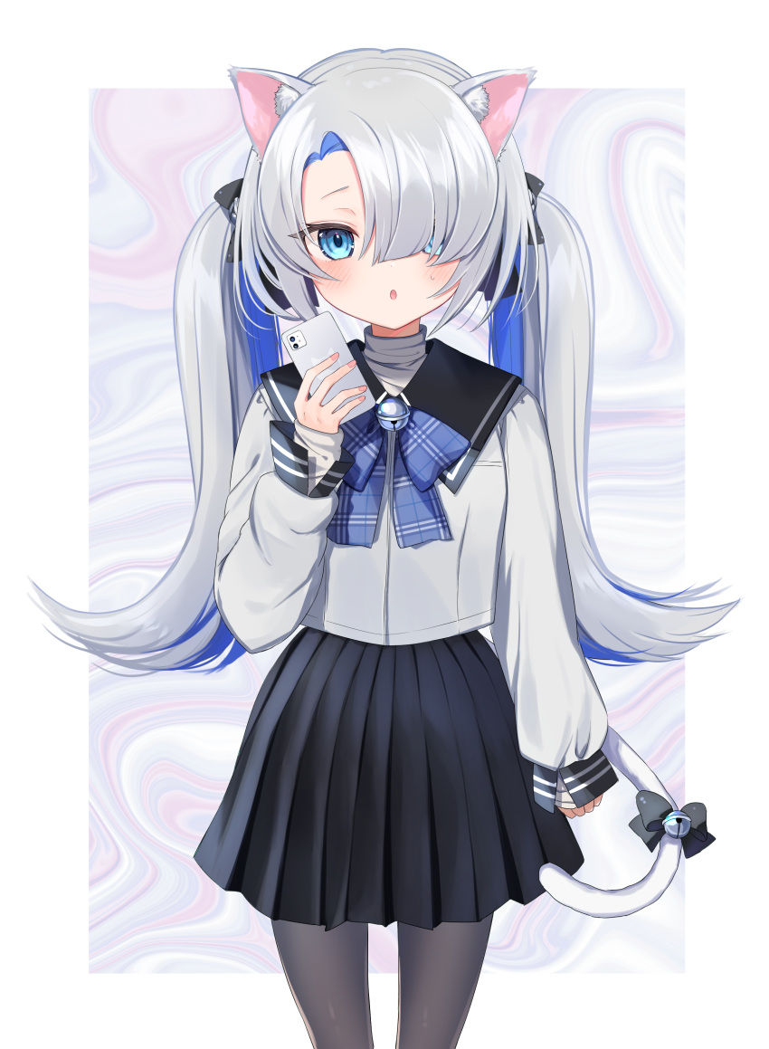 1girl, :o, absurdres, animal_ears, bell, black_serafuku, black_skirt, black_thighhighs