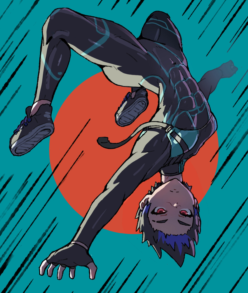 1girl, abs, absurdres, acrobatics, backlighting, bodysuit, commission, expressionless