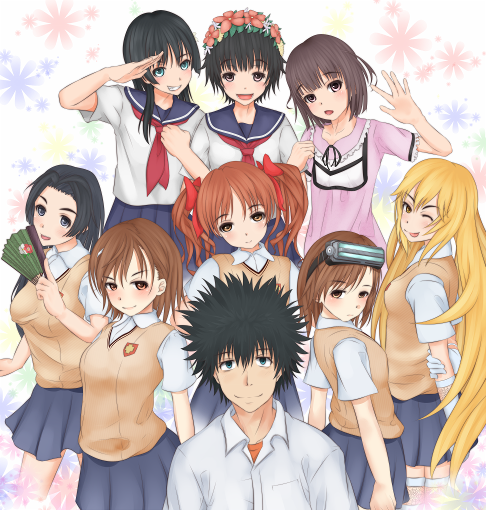 1girl, 6+girls, ;p, a_certain_high_school_uniform, age_difference, alternate_eyebrows, arm_behind_back, bare_arms
