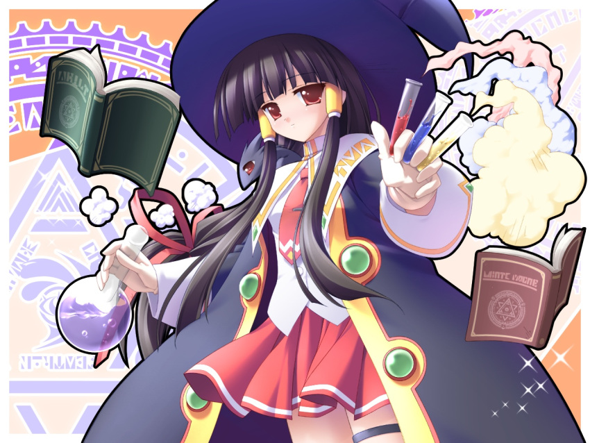 1girl, beaker, black_hair, book, cauldron_(majokko), dragon, floating_book, garters