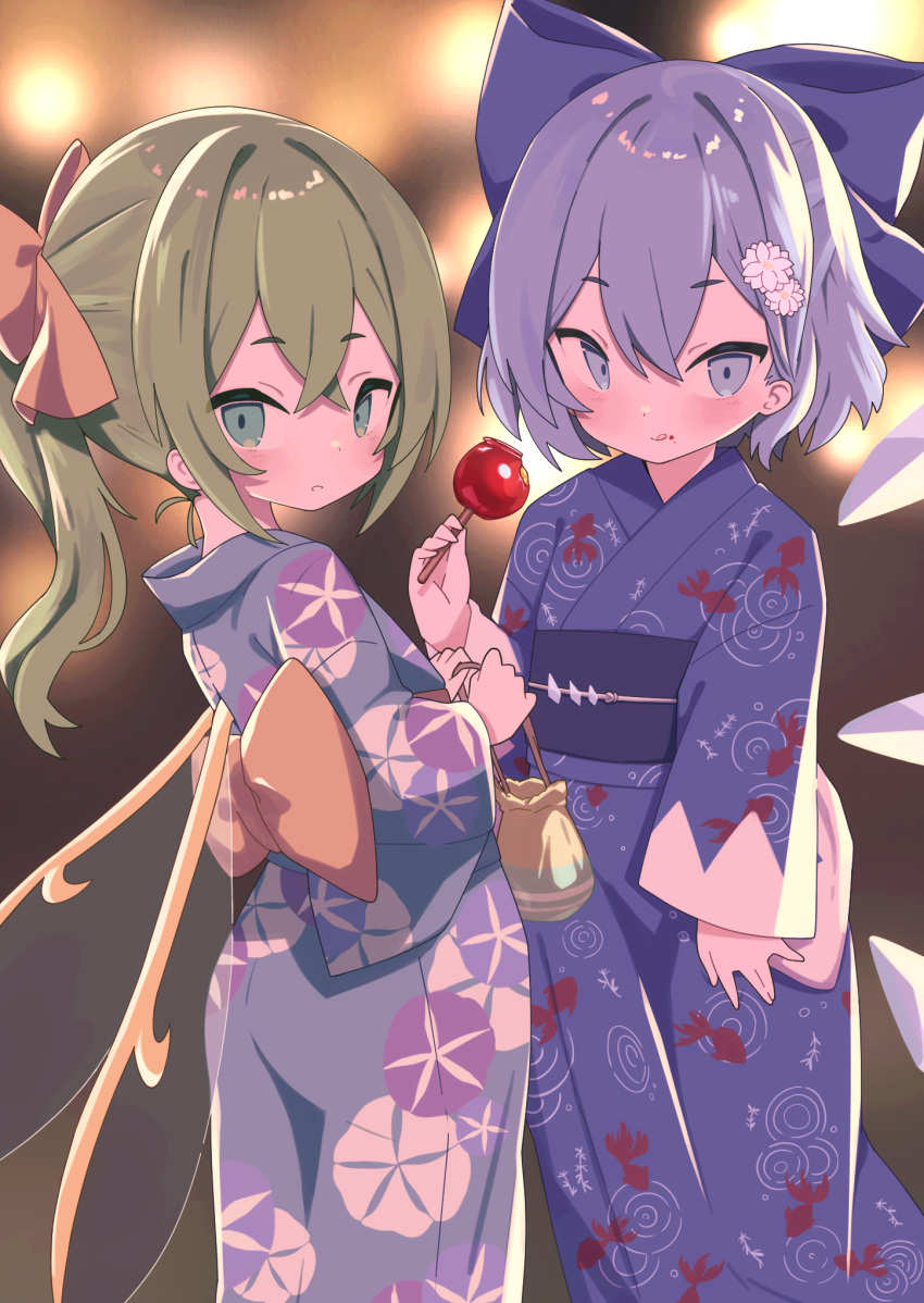 2girls, animal_print, blue_bow, blue_eyes, blue_hair, blue_kimono, blush, bow