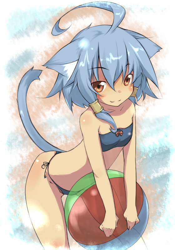 animal_ears, bad_id, ball, beachball, bikini, blue_hair, blush, brown_eyes