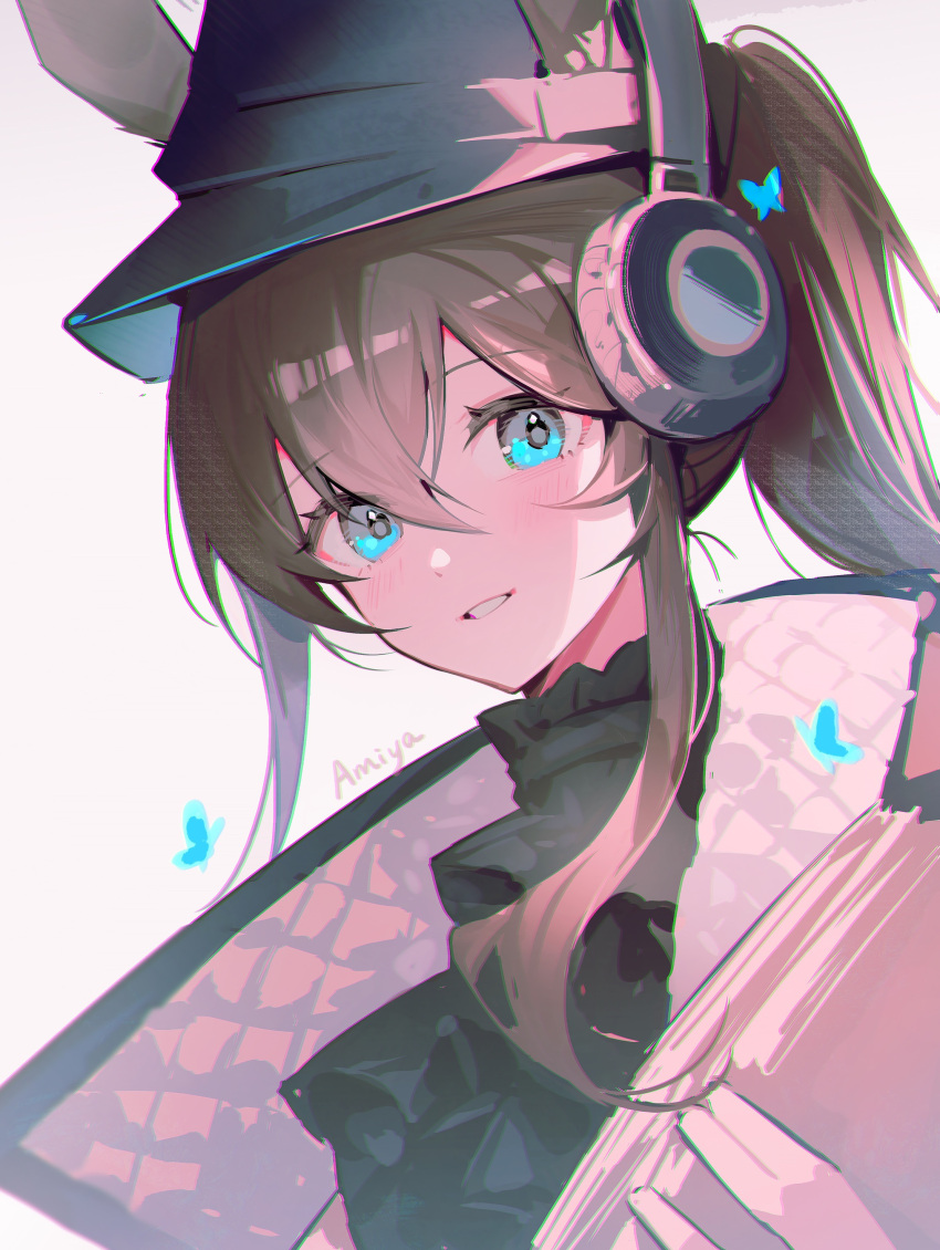 1girl, absurdres, amiya_(arknights), animal_ears, arknights, black_headwear, black_shirt, brown_hair, character_name, commentary_request, ears_through_headwear, grey_background, hair_between_eyes, hand_up, headphones, high_collar, highres, holding, long_hair, looking_at_viewer, rabbit_ears, shirt, simple_background, solo, tolu_ya, upper_body