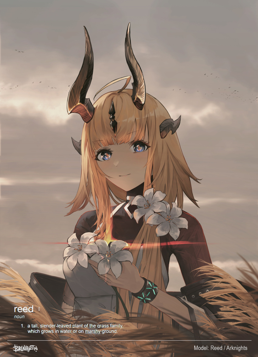 1girl, absurdres, ahoge, arknights, blonde_hair, blue_eyes, brlnhrtn, brown_shirt, character_name, closed_mouth, commentary, copyright_name, dress, english_commentary, flower, hair_flower, hair_ornament, highres, holding, holding_flower, horns, long_hair, looking_at_viewer, outdoors, overcast, reed_(arknights), shirt, short_sleeves, sky, smile, solo, upper_body, white_dress, white_flower